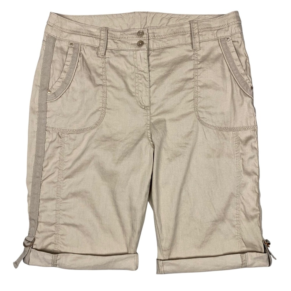 Chico's Bermuda Linen Blend Roll Cuff D-Ring Tan Shorts Womens 12 Chicos 2 Beige